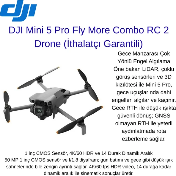 Djı Mini 5 Pro Fly More Combo  Gece Manzarası Çok Yönlü Engel Algılama Rc 2 Drone (Ithalatçı Garantili) ürün görseli 1