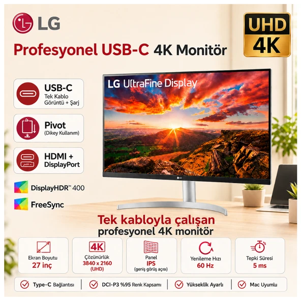 Lg  UHD 4K 27" 5ms 60Hz IPS Ekranlı Monitör USB Type-C Monitör ürün görseli 1