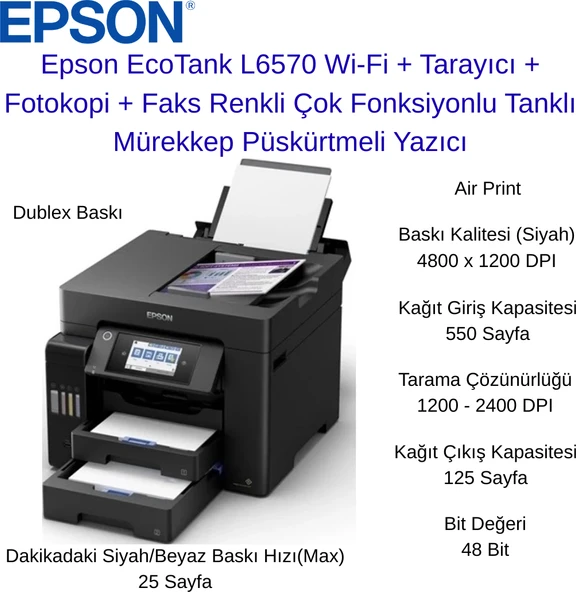 Epson Ecotank L6570 Wi-Fi + Tarayıcı + Fotokopi + Faks Renkli Çok Fonksiyonlu Tanklı Mürekkep Püskürtmeli Yazıcı + 2 Paket A4 Hediye ürün görseli 1