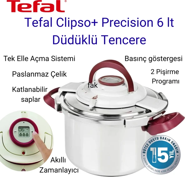 Tefal Clipso+ Precision 6 Lt Düdüklü Tencere + Dijital Hassas Mutfak Tartısı ürün görseli 1
