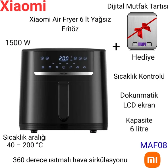 Xiaomi  6 Lt 1500 W 8 Program, Dijital Ekran, Xxl Yağsız Airfryer, Sıcak Hava Fritözü+ Mutfak Tartısı Hediye ürün görseli 1