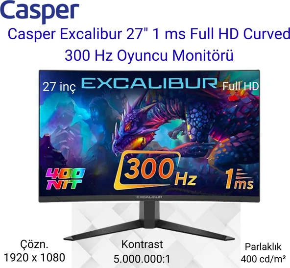 Casper Excalibur 27" 1 Ms Full Hd Curved 300 Hz Oyuncu Monitörü + Oyuncu Mouse Hediye ürün görseli 1