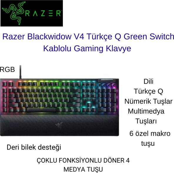 Razer Blackwidow V4 Rgb Green Switch Kablolu Mekanik Oyuncu Klavyesi ürün görseli 1