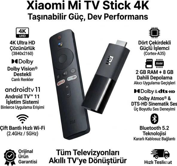 Xiaomi Tak Çalıştır Özelliği ile Mi Tv Stick 4K Android Medya Player ürün görseli 1