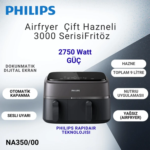 Philips Airfryer 3000 Serisi NA350/00 Çift Hazneli 9 Lt Yağsız Fritöz + Hassas Mutfak Tartısı Hediye ürün görseli 1
