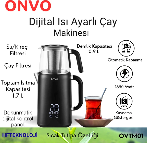 Onvo  Dijital  Isı Ayarlı Çay Makinesi + Çaykur Organik Hemşin 400 gr Çay Hediye ürün görseli 1