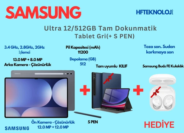 Samsung Galaxy Tab S10 Ultra Wi-Fi 12 GB 512 GB 14.6" Tablet+Kılıf +S Pen +Buds Fe Kulaklık Hediye ürün görseli 1