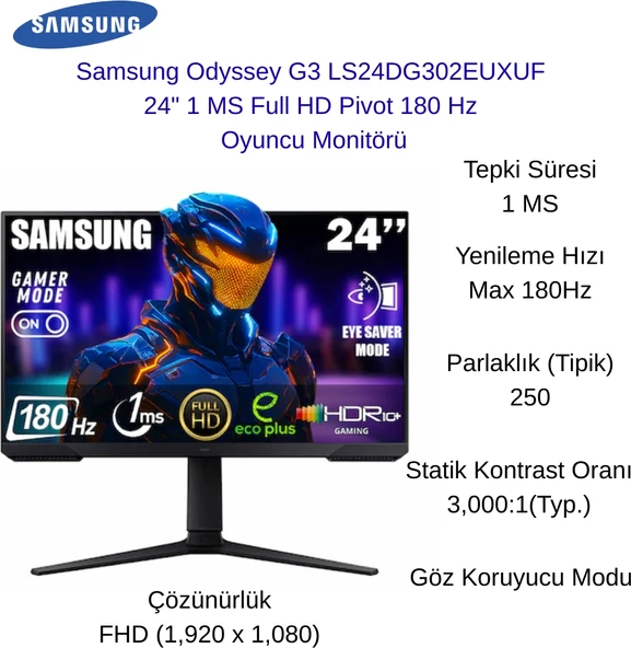 Samsung Samsung Odyssey G3 G30D 24" 180Hz 1ms Va Pivot Gaming Monitör  +  Havit Game Kablolu Optik Oyuncu Mouse ürün görseli 1