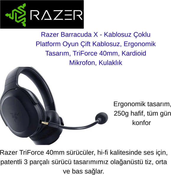 Razer Barracuda x - Kablosuz Çoklu Platform Oyun  Kablosuz Ergonomik Tasarım Kardioid Mikrofonlu Kablosuz Kulaklık. ürün görseli 1