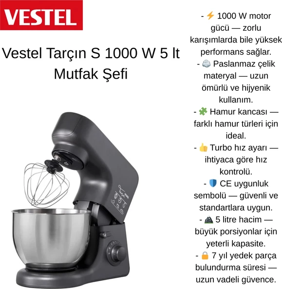 Vestel Tarçın S 1000 W 5 Lt Mutfak Şefi  +  Bydiz BY-180 Akıllı Bluetooth Tartı ürün görseli 1