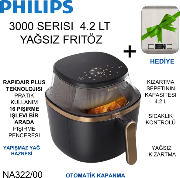 Philips Rapidair Plus Teknolojisi ile Hızlı, Eşit Pişirme 3000 Serisi 4.2 L Airfryer + Mutfak Tartısı Hediyesi ürün görseli 1