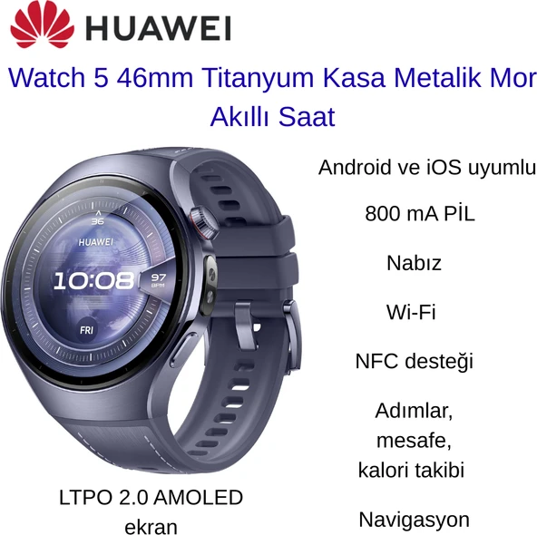 Huawei  E-SİM özellikli Watch 5 46MM Titanyum Kasa Metalik Mor Akıllı Saat ürün görseli 1