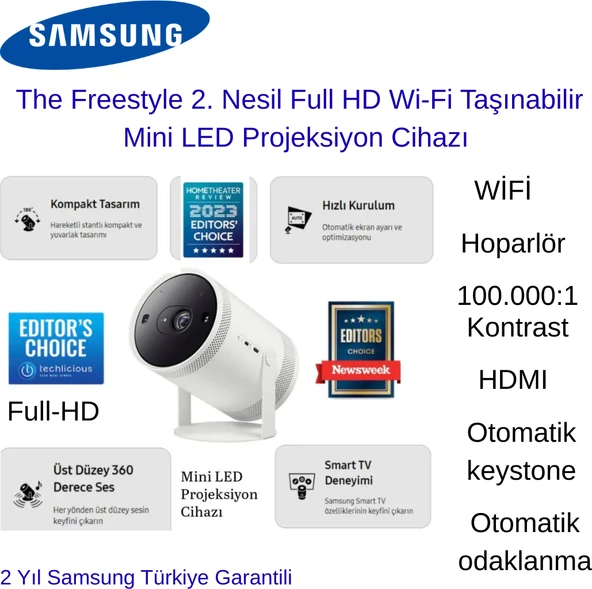 Samsung The Freestyle 2. Nesil Full Hd Wi-Fi Taşınabilir Mini LED Projeksiyon Cihazı + 20.000 Ma Powerbank Hediye ürün görseli 1
