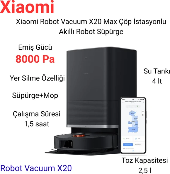 Xiaomi Moplu Özelliği ile Robot Vacuum X20 Max Robot Süpürge + Xiaomi Baskül Hediye ürün görseli 1