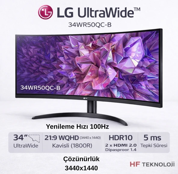 Lg Ultrawide  34" 5 Ms Wqhd Curved 100 Hz Monitör+ Dısplay Port  Kablo Hediye ürün görseli 1