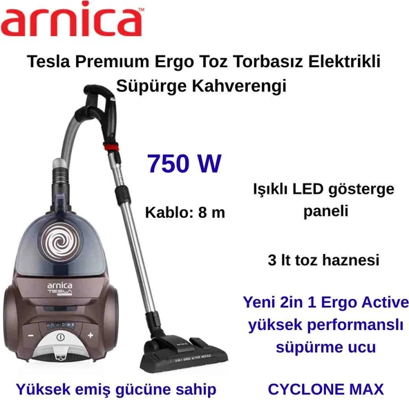 Arnica Tesla Ergo Active ET14340 750 W Toz Torbasız Elektrikli Süpürge Kahverengi + Hassas Mutfak  Tartısı Hediye ürün görseli 1