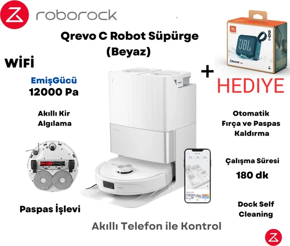 Roborock Qrevo C Akıllı Robot Süpürge Beyaz + Jbl Bluetooth Hoparlör Hediye ürün görseli 1