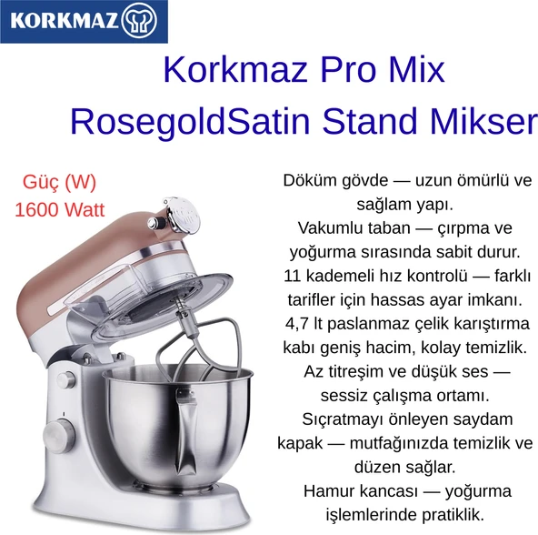 Korkmaz Pro Mix Rosegold Satin Stand Mikser + Dijital Hassas Mutfak Tartısı Hediye ürün görseli 1