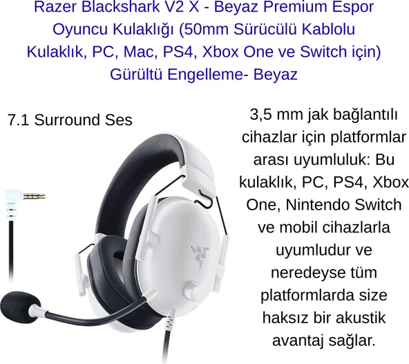 Razer Blackshark V2 x - Beyaz Premium Espor Oyun Kulaklığı -50MM Sürücülü Kablolu Kulaklık ürün görseli 1