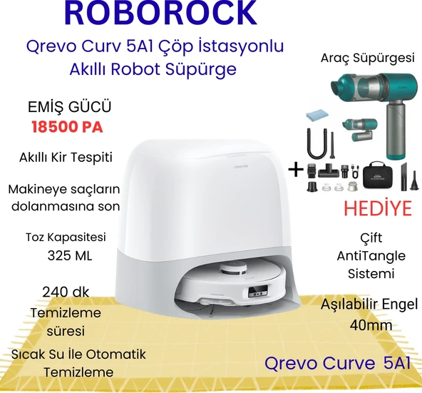 Roborock Qrevo Curv Akıllı Robot Süpürge Beyaz+  Araç Süpürgesi Hediye ürün görseli 1