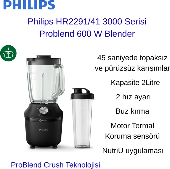 Philips 3000 Serisi 2 Lt, 2 Hız Ayarı ,cam Hazne Blender (HR2291/41) + Hassas Mutfak Tartısı Hediye ürün görseli 1