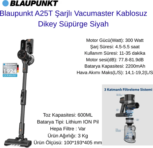 Blaupunkt A25T Şarjlı Vacumaster Kablosuz Dikey Süpürge Siyah (A25T) + Blaupunkt  Beyaz Kulak Içi Bluetooth Kulaklık Hediye ürün görseli 1