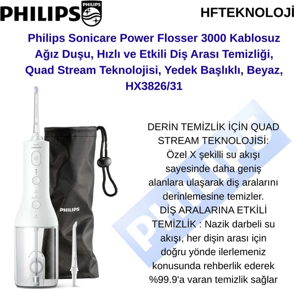 Philips Sonicare HX3826/31 Cordless Power Flosser 3000 Sonic Ağız Duşu + Oral-B Diş  Fırçası Hediye ürün görseli 1