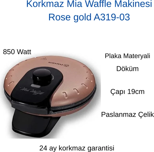 Korkmaz Mia Waffle Makinesi 850 Watt Döküm Alüminyum Yuvarlak Yüzey Şekilleri Ergonomik Tasarım ürün görseli 1