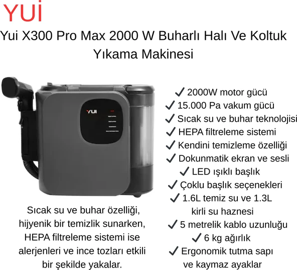 Yui X300 Pro Max 2000 W Buharlı Halı ve Koltuk Yıkama Makinesi + Pilli  Diş Fırçası Hediye ürün görseli 1
