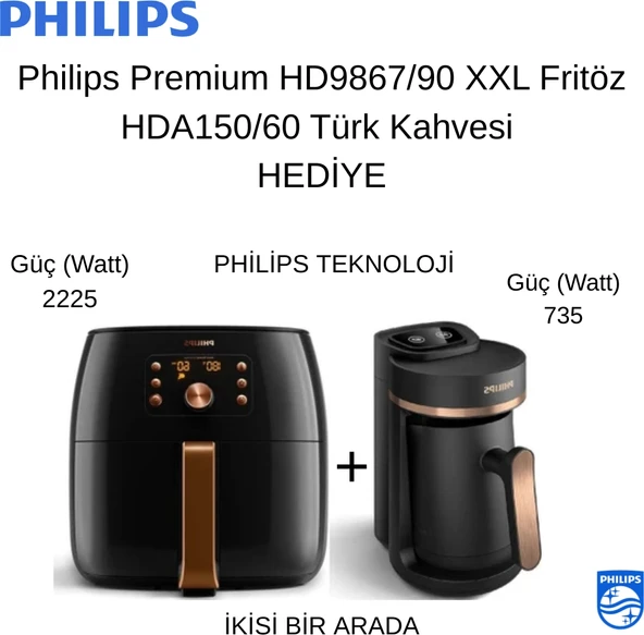 Philips Premium Fırınlama. Izgara. Kızartma. Isıtma. HD9867/90 Airfryer Xxl Fritöz + HDA150/60 Türk Kahvesi HD9867/90 ürün görseli 1