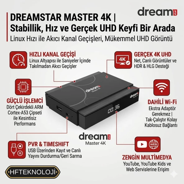 Dreamstar Arm Cortex A53 Işlemci + Linux Os + Dolby Desteği + 5000 Kanal Hafıza ,master 4K Uydu Alıcısı ürün görseli 1