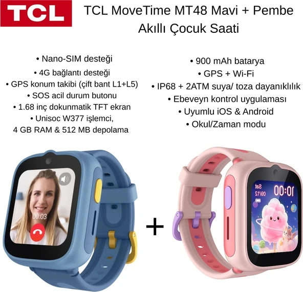 Tcl Kameralı Gps Konum Takibi (Çift Bant L1+L5) Movetime MT48 Mavi +Pembe Akıllı Çocuk Saati. ürün görseli 1