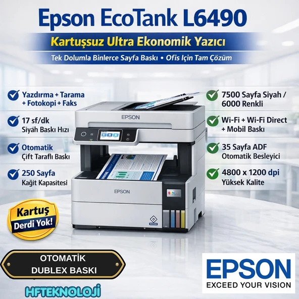 Epson Ecotank  Yazıcı Tarayıcı Fotokopi Faks Wi-F Direct Inkjet Tanklı L6490 Yazıcı Beyaz ürün görseli 1