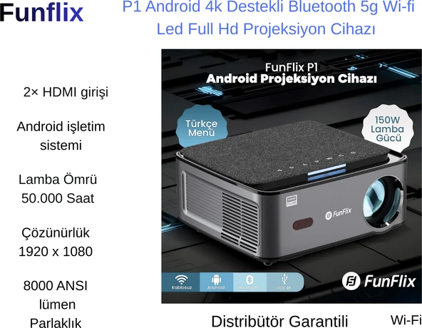 Funflix P1 8000 Lümen Full Hd Wi-Fi Android Projeksiyon Cihazı ürün görseli 1