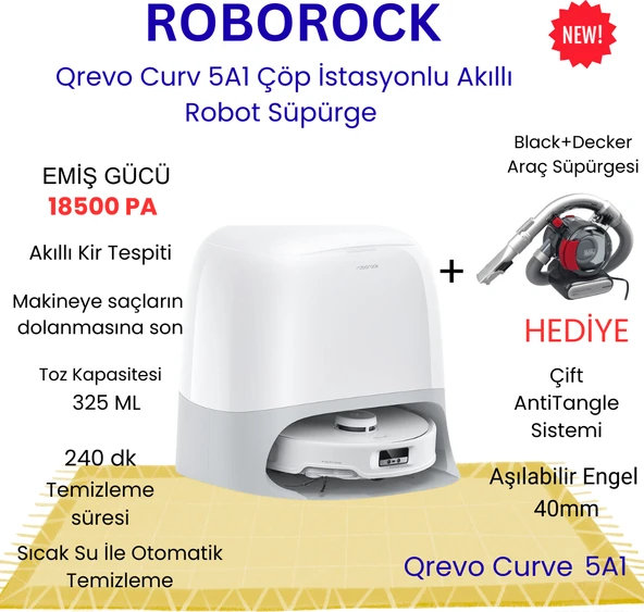 Roborock Qrevo Curv 5A1 Akıllı Robot Süpürge Beyaz +  Black+Decker Araç Süpürgesi Hediye ürün görseli 1