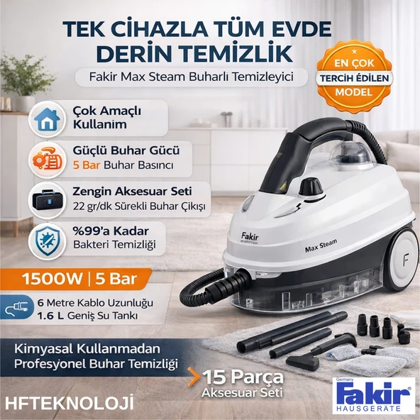 Fakir 1500 W Max Steam Cam Silme Aparatlarıyla Beraber Buharlı Temizleyici + Dijital Mutfak Tartısı  Hediye ürün görseli 1