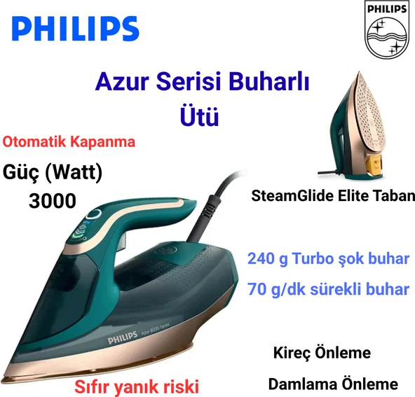 Philips 3000 W Gücü ve Kireç Önleme Sistemi ile DST8030/70 Azur Serisi Buharlı Ütü ürün görseli 1
