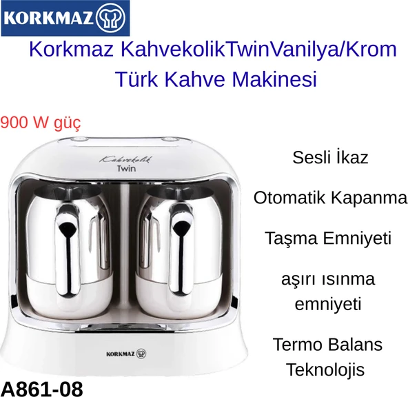 Korkmaz A861-08 Kahvekolik Twin Kahve Makinesi Vanilya/krom + Hassas Mutfak Tartısı HEDİYE ürün görseli 1
