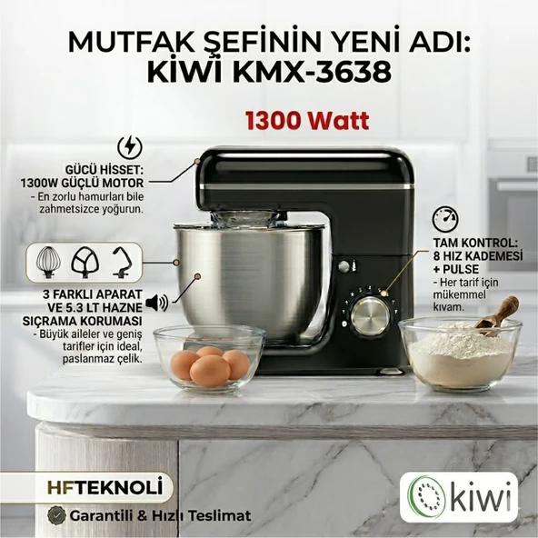 Kiwi Hamur Yoğurma & Stand Mikser 5,3 Lt 1300W Mutfak Şefi + Dijital  Mutfak  Tartısı Hediye ürün görseli 1
