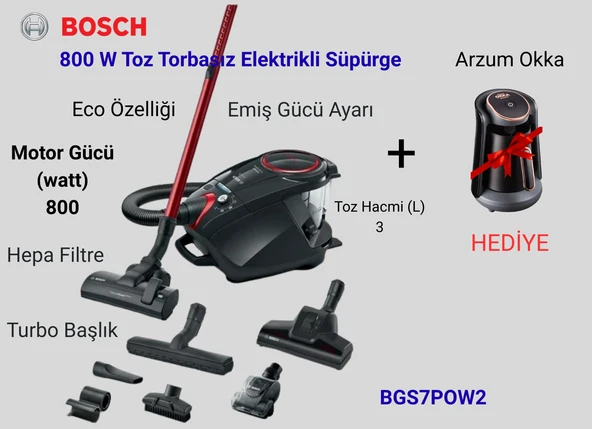 Bosch Serie 8 800 Watt Toz Torbasız Elektrikli Süpürge+Arzum Okka Türk Kahve Makinesi Hediye ürün görseli 1