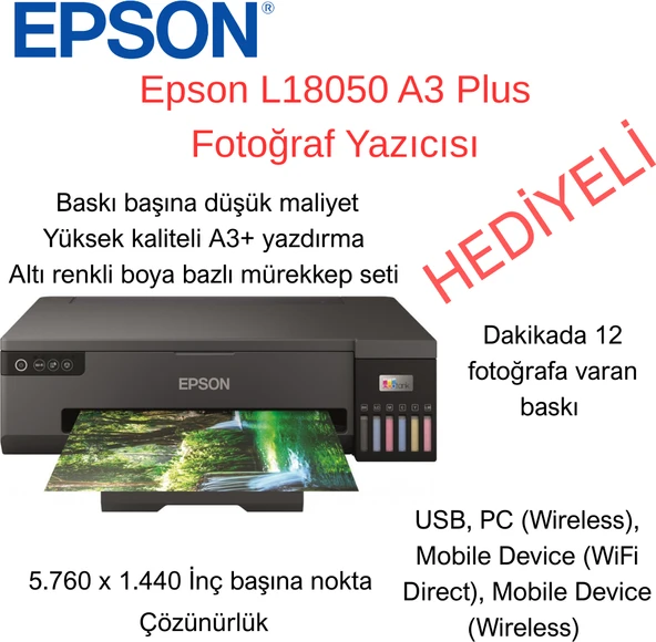 Epson L18050 A3+ Renkli Mürekkep Tanklı Foto Yazıcı, Wi-Fi, Siyah (6 Renk) +  50 Yaprak  Fotoğraf Kağıdı  Hediye ürün görseli 1