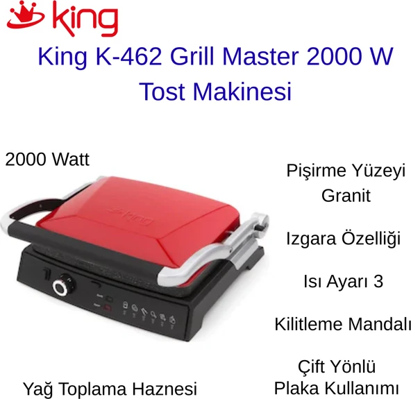 King 2000W Güç  K462R Grillmaster  180° Açılabilen Izgara & Tost Makinesi ürün görseli 1