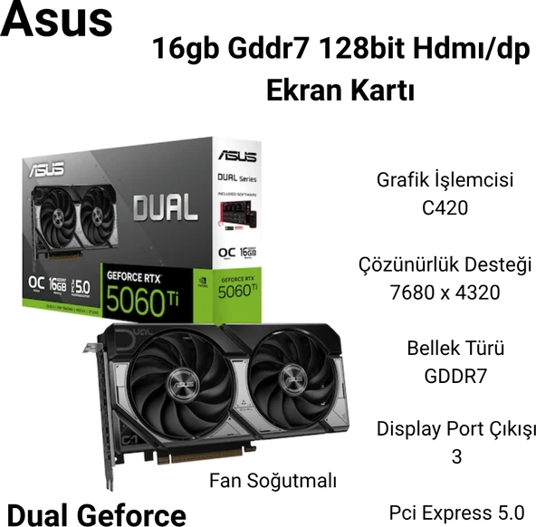 Asus Nvıdıa-Geforce-Rtx 5060 TI-16G-16GB GDDR7-128BIT-OC-HDMI-3XDP-DLSS4 Ekran Kartı+ Kablolu Razer Oyuncu Mouse Hediye ürün görseli 1