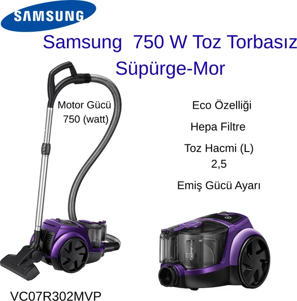 Samsung VC07R302MVP  Mor 750 W Toz Torbasız Süpürge + Hassas  Mutfak  Tartısı Hediye ürün görseli 1