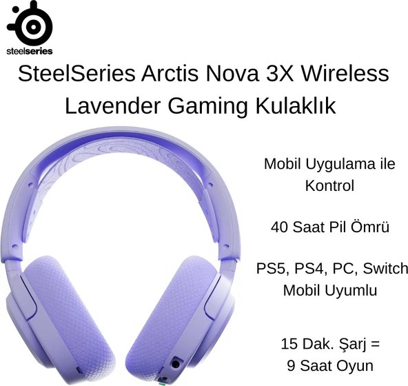 Steelseries Arctis Nova 3x Mor Kablosuz Kulak Üstü Oyuncu Kulaklığı + Oyuncu Mouse Hediye ürün görseli 1