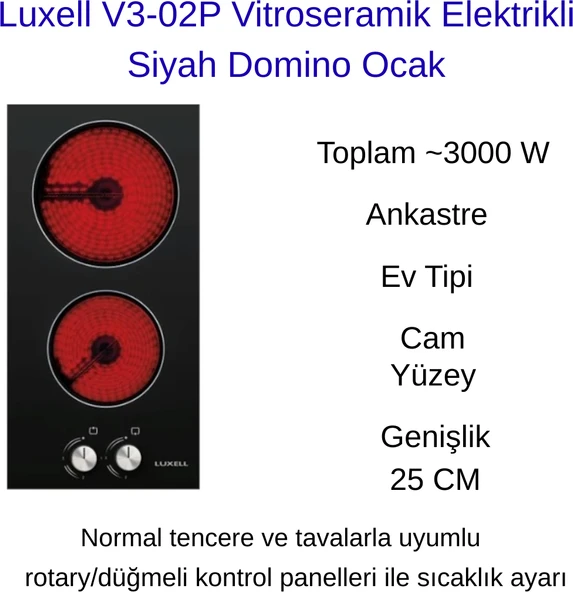 Luxell V3-02P Vitroseramik Elektrikli Siyah Domino Ocak + Hassas Mutfak Tartısı Hediye ürün görseli 1