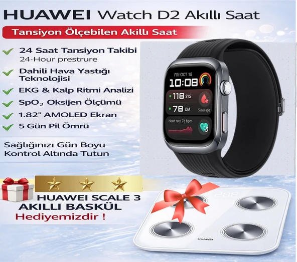 Huaweı Watch D 2 Akıllı Saat Siyah + Huawei Scala 3 Yağ Ölçer Baskül Hediye ürün görseli 1