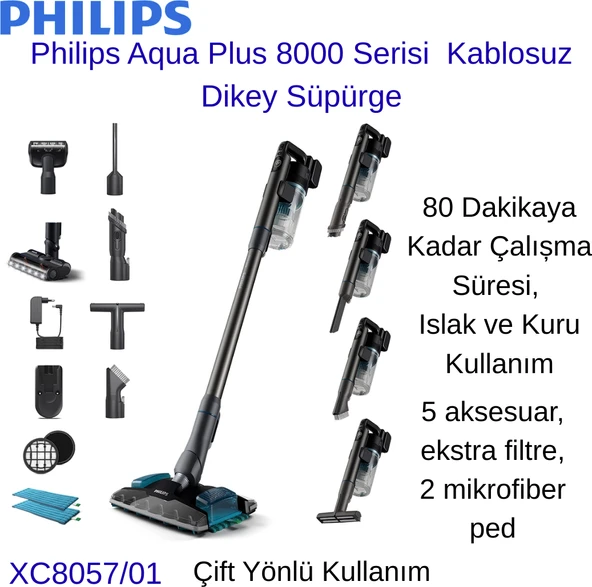 Philips Aqua Plus 8000 Serisi Kablosuz Dikey Süpürge +  Aprilla  Şarjlı Araç  Süpürgesi Hediye ürün görseli 1