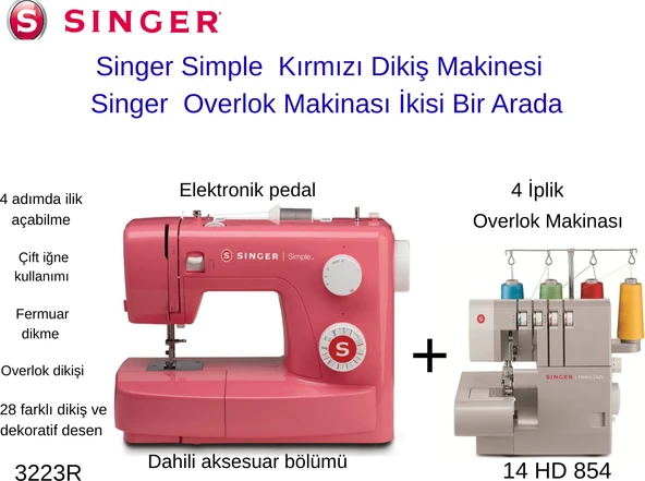 Singer Kırmızı Simple 3223R Elektronik Dikiş Makinesi +Singer 14 Hd 854 Overlok Makinesi Ikisi Bir Arada ürün görseli 1