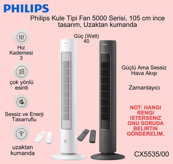 Philips Beyaz ve Siyah Renk 5000 Serisi  Kule Tipi Fanlı Vantilatör + Kiwi  Klipsli Masaüstü Vantilatör Hediye ürün görseli 1